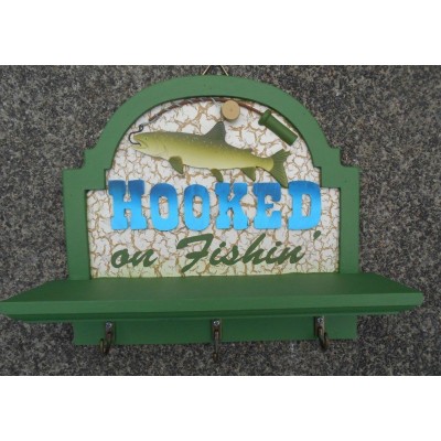 Hooked on Fishin Fishing Mini Shelf Key Holder / Hook Wall Plaque Cabin Man Cave   253813825783